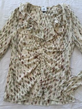 Cabi Dapple Top #4532 Neutral Static Speckled Print Mesh Long Sleeve Blouse [S]
